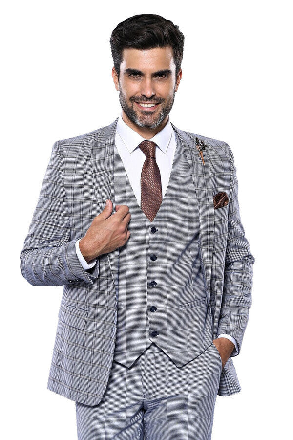 Anthracite Blue Plaid 3 Piece Slim Fit Suit - Wessi