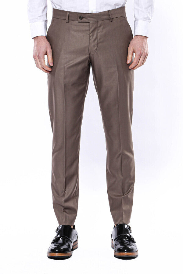 Slim Fit B-91 Formal Brown Solid Trouser - Yoke