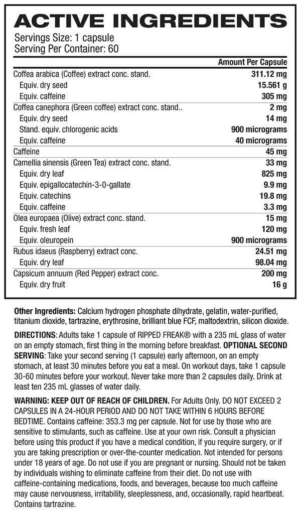 PharmaFreak Ripped Freak 60 Caps Nutrition Information