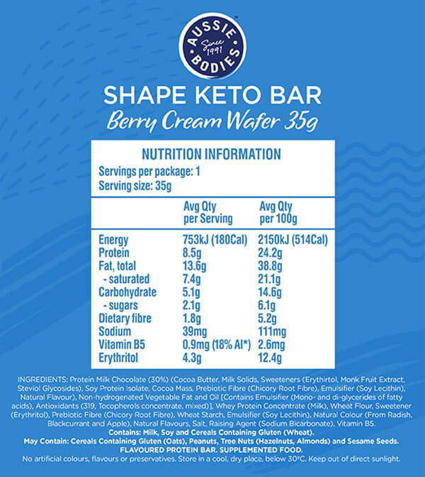 Aussie Bodies Shape Keto bars 35g x12 Nutrition Information