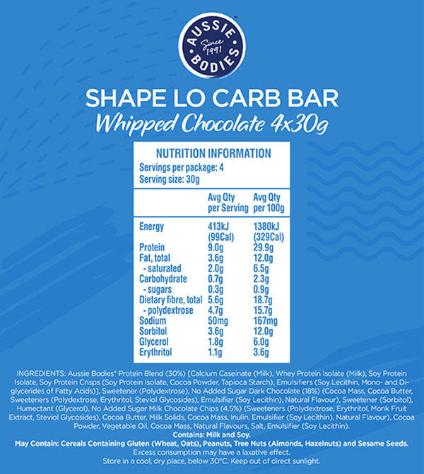 Aussie Bodies Shape Lo Carb Whipped Bars 30g x4 Nutrition Information