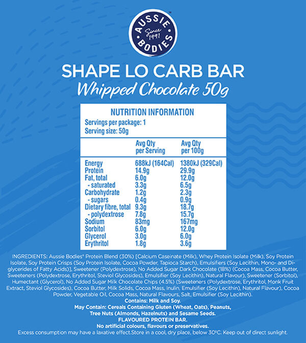 Aussie Bodies Shape Lo Carb Whipped Bars 50g x12 Nutrition Information