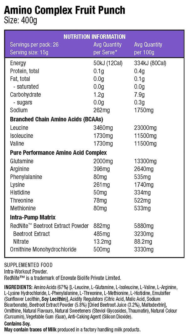 Balance Amino Complex 400g Nutrition Information