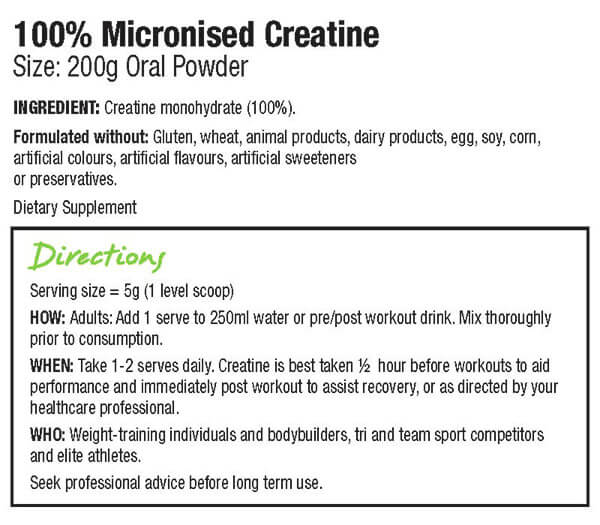 Balance 100% Pure Micronised Creatine 200g Nutrition Information