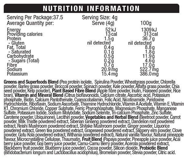 BSc Body Science Clean Greens 150g Nutrition Information