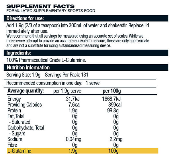 BSc Body Science Pure Glutamine 250g Nutrition Information