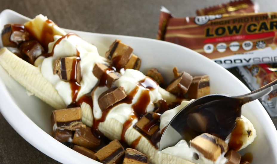 peanut caramel banana split with bsc low carb bars