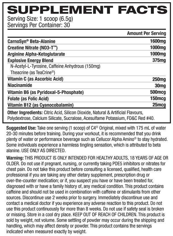 Cellucor C4 Original ID 30 Serves Nutrition Info