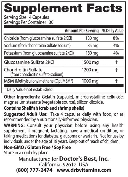 Doctor's Best Glucosamine Chondroitin MSM 120 Caps Nutrition Info