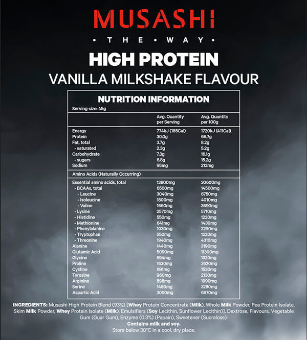 Musashi High Protein 2kg Nutrition Information