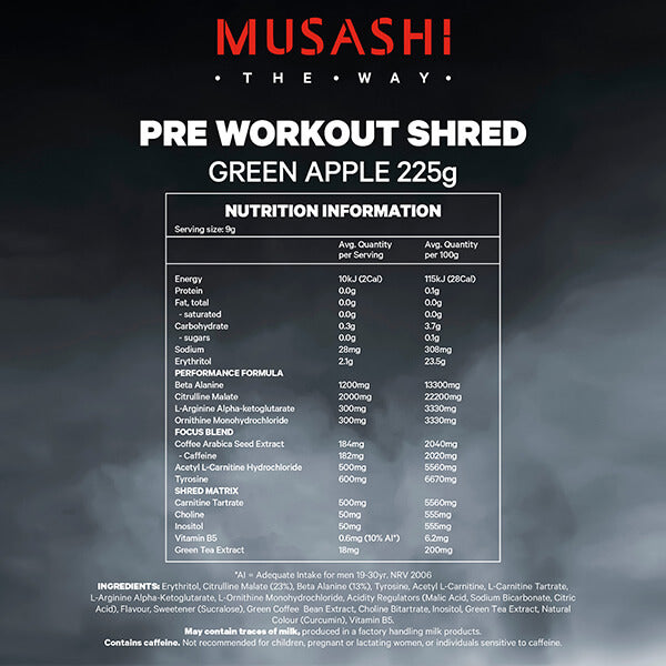 Musashi Pre-Workout Shred 225g Nutrition Info