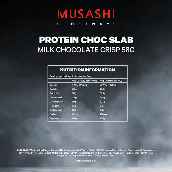 Musashi Protein Choc Slab 58g x12 Nutrition Info