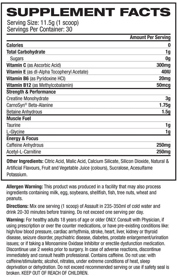 MusclePharm Assault 30 Serves Nutrition Info