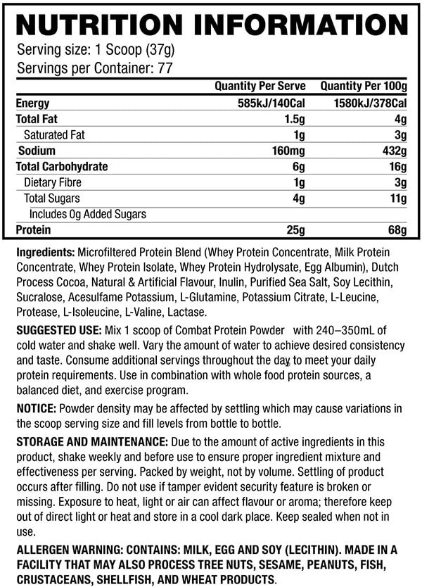 MusclePharm Combat Protein 6.2lb Nutrition Info