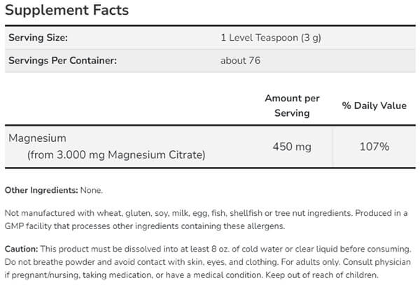 Now Foods Magnesium Citrate 227g Nutrition Info