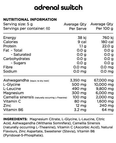 Switch Nutrition Adrenal Switch 60 Serves Nutrition Info