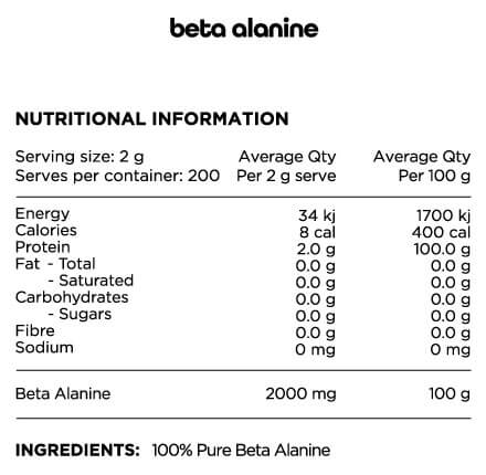 Switch Nutrition 100% Pure Beta Alanine 400g Nutrition Info