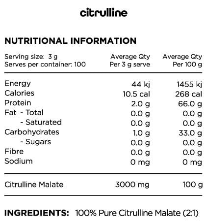 Switch Nutrition 100% Pure Citrulline Malate 300g Nutrition Info