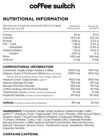 Switch Nutrition Coffee Switch 25x6g Sachets Nutrition Info