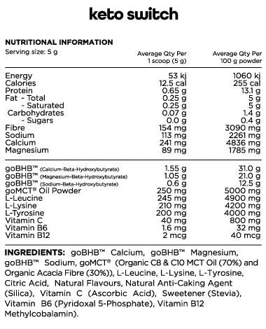 Switch Nutrition Keto Switch 30 Serves Nutrition Info