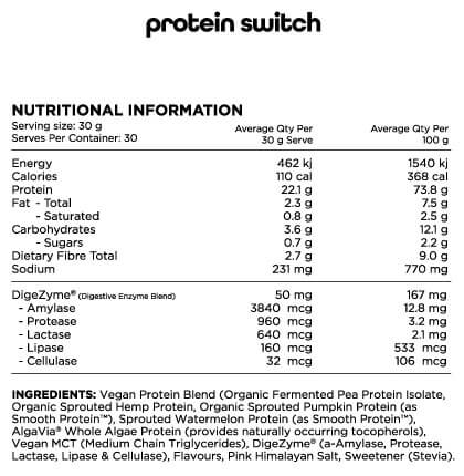 Switch Nutrition Protein Switch 30 Serves Nutrition Info