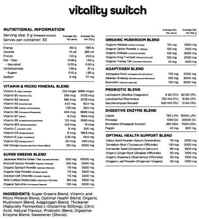 Switch Nutrition Vitality Switch 30 Serves Nutrition Info