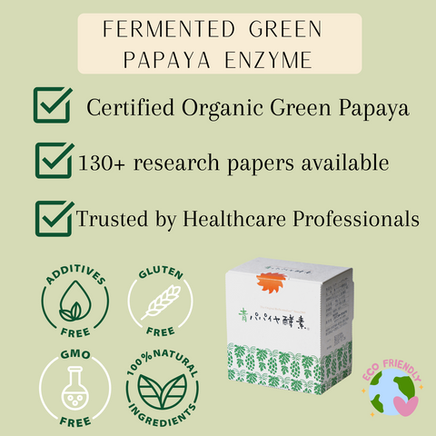 Fermented Green Papaya Enzyme is a Japanese fermented food supplement. 100% natural, vegan/ plant based, no additives and Non GMO. Organic green papayas are used. Fermented food offers natural probiotics for better gut health and immune support. Over 130 research papers are available. Trusted by Healthcare professionals. Known as Bio Normalizer.
