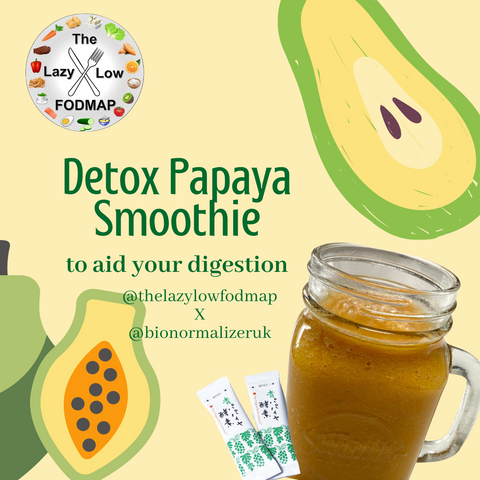 Detox papaya smoothie with Fermented Green Papaya Enzyme, known as Bio Normalizer. The Lazy Low FODMAP created a great recipe for us!