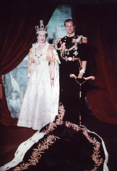 Queen Elizabeth II and her husband, Phillip Mountbatten in her coronation portrait.