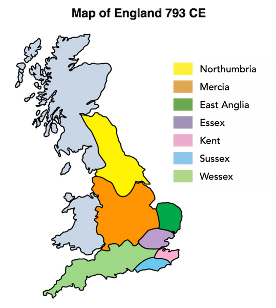Map showing the seven kingdoms of England in 793 CE