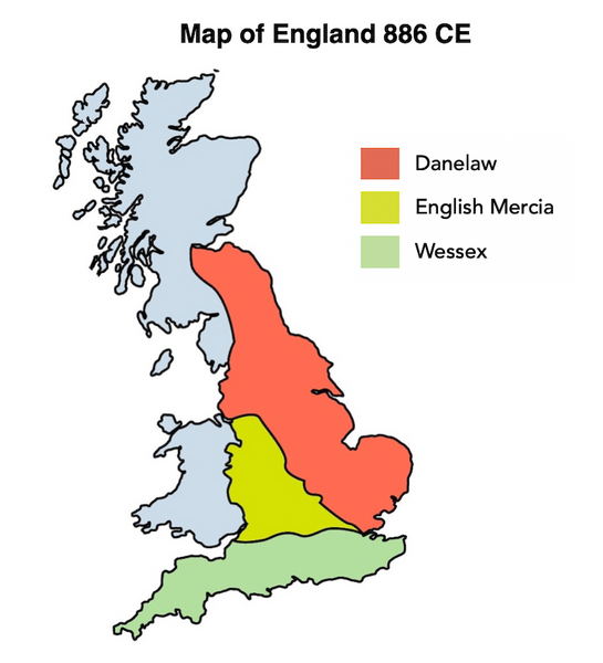 Map showing how England was split between the Vikings (Danelaw) and the Anglo-Saxons (English Mercia and Wessex) in 886 CE.