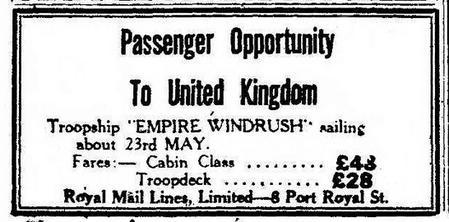 A newspaper advertisement offering a passenger opportunity from Jamaica to the UK on the ship, HMT Empire Windrush