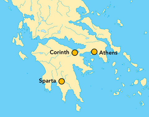 Map of the powerful city-states, Sparta, Corinth and Athens in ancient Greece