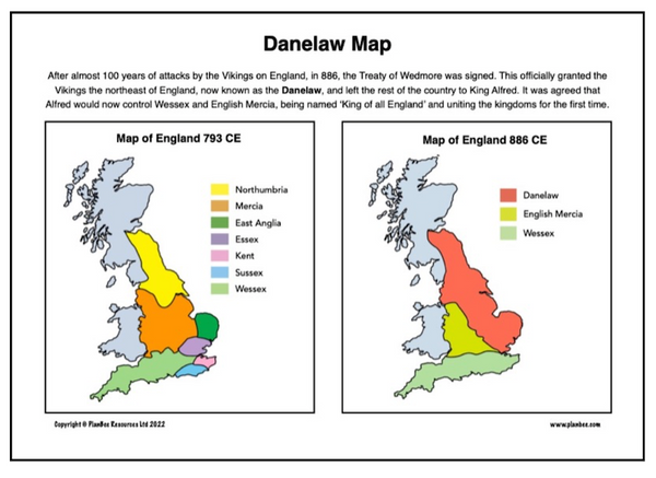 Maps showing the change in territory from 793 CE to 886 CE after the Treaty of Wedmore.