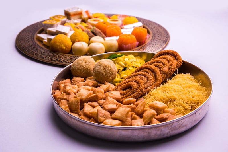 A selection of traditional foods eaten during Diwali