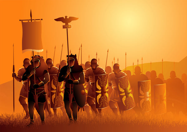 Roman army marching through grass