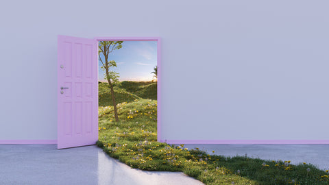 A pink door opening to green space. The green space has a green path spilling into the room.