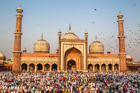 Thousands of Muslims gather to offer Eid al-Fitr prayer at Old Delhi Jama Masjid, India.