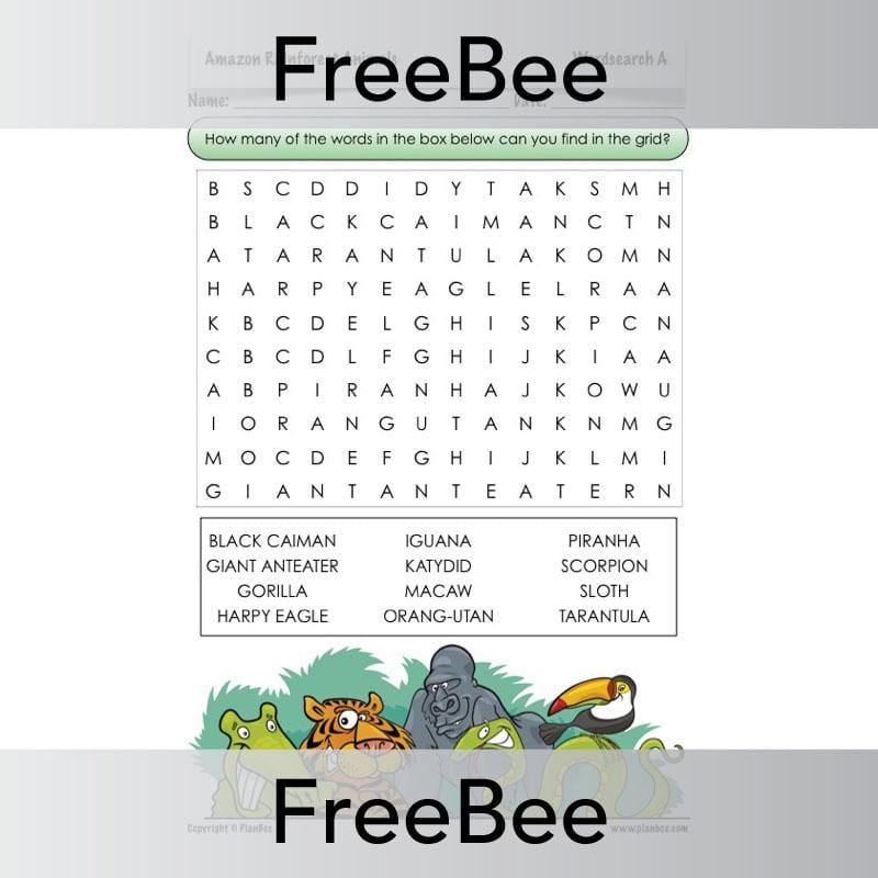 Amazon Rainforest Animals Word Search