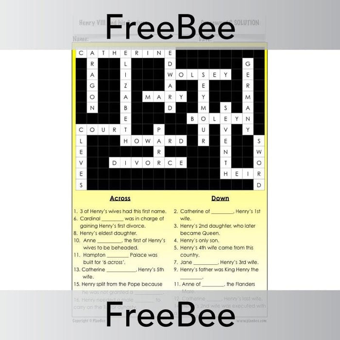 Henry VIII Crossword PlanBee FreeBees
