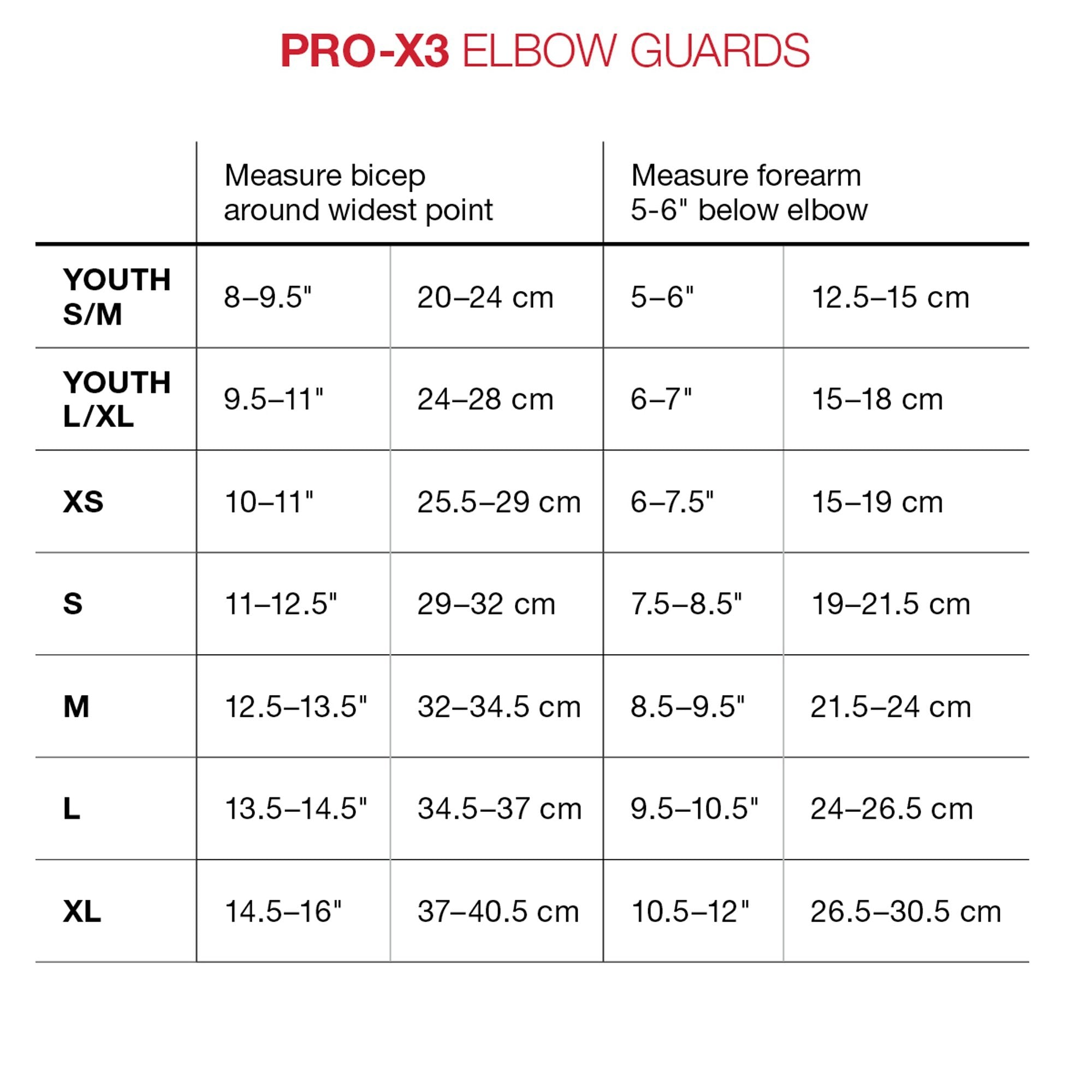 G-Form Pro X3 Elbow size guide