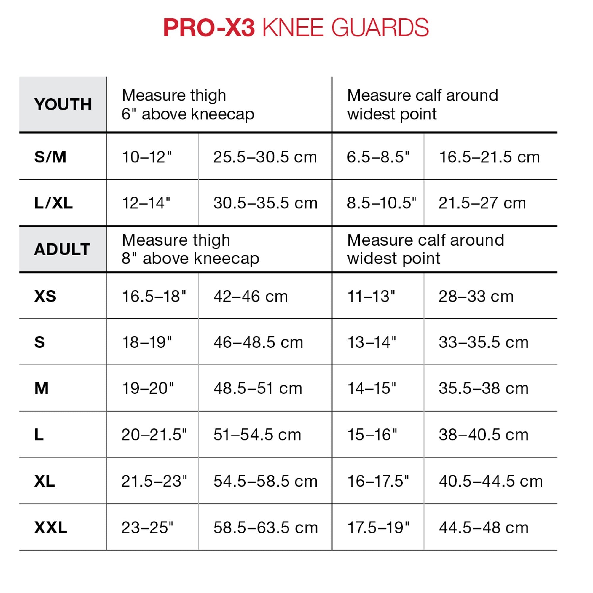 G-Form Pro X3 Knee size guide