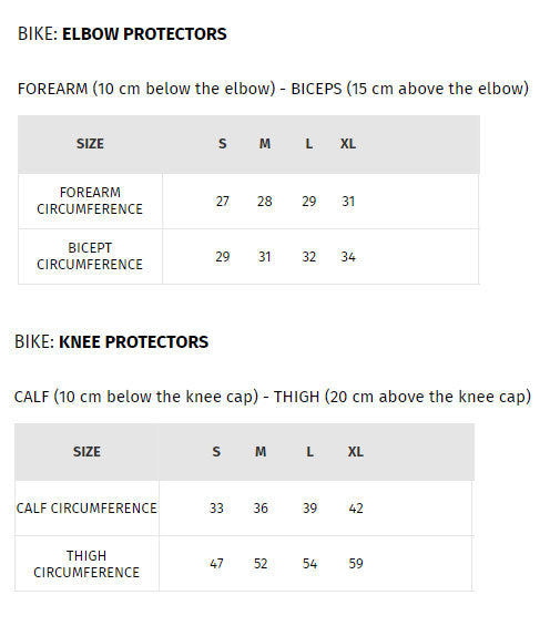 Dainese Elbow and Knee Protection size guide