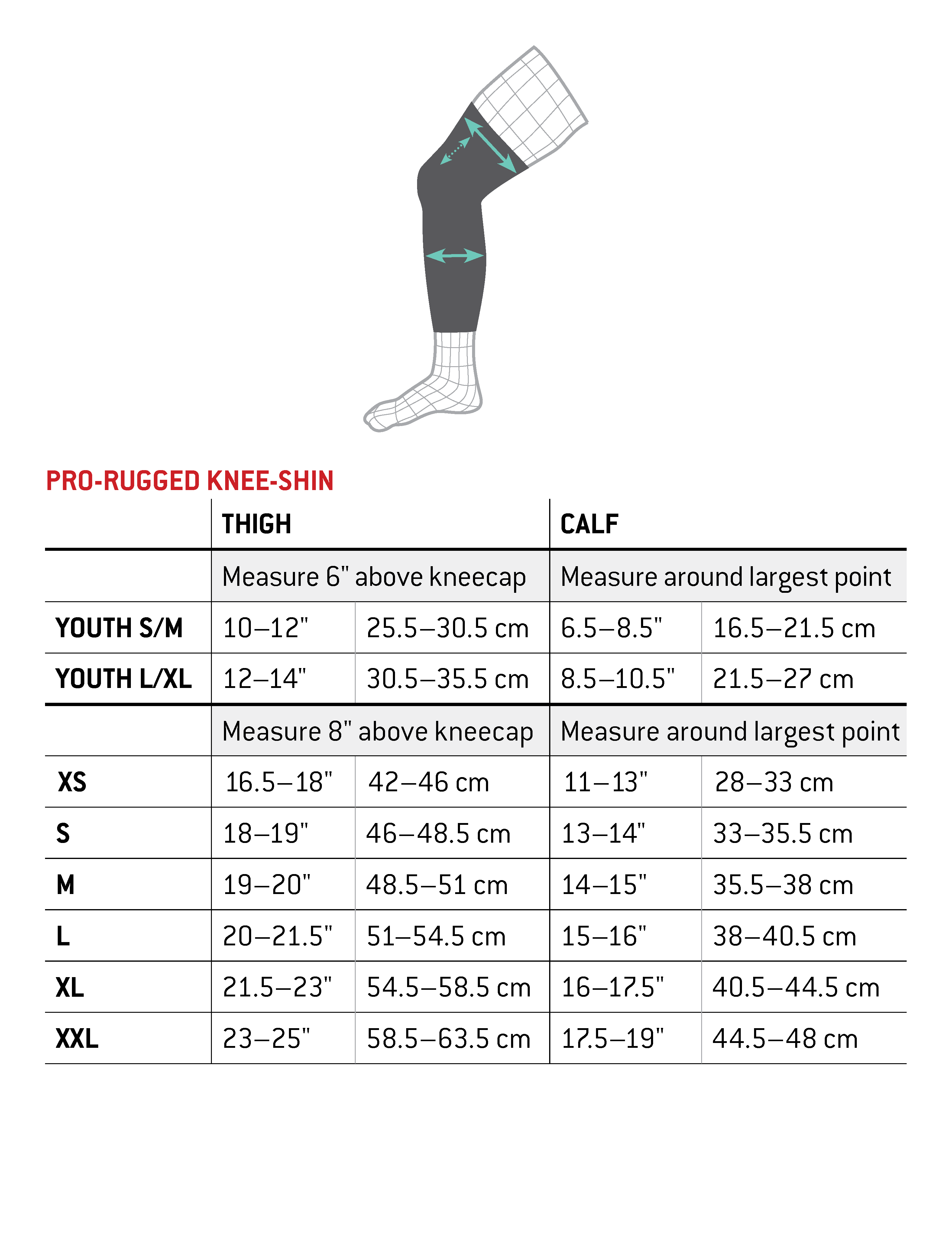 G-Form Pro Rugged Knee Shin size guide