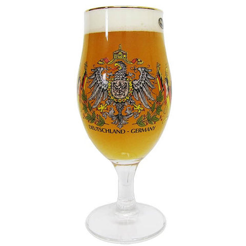 Pilsner Tulip German Beer Glass with Eagle and German Flag. Filled with Beer