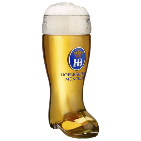 A one Liter Glass Boot with the typical blue Hofbräuhaus Logo in the front Center and the words Hofbräuhaus München underneath. This Beer Boot is filled with a nice cold Beer and has a perfect Foam crown.