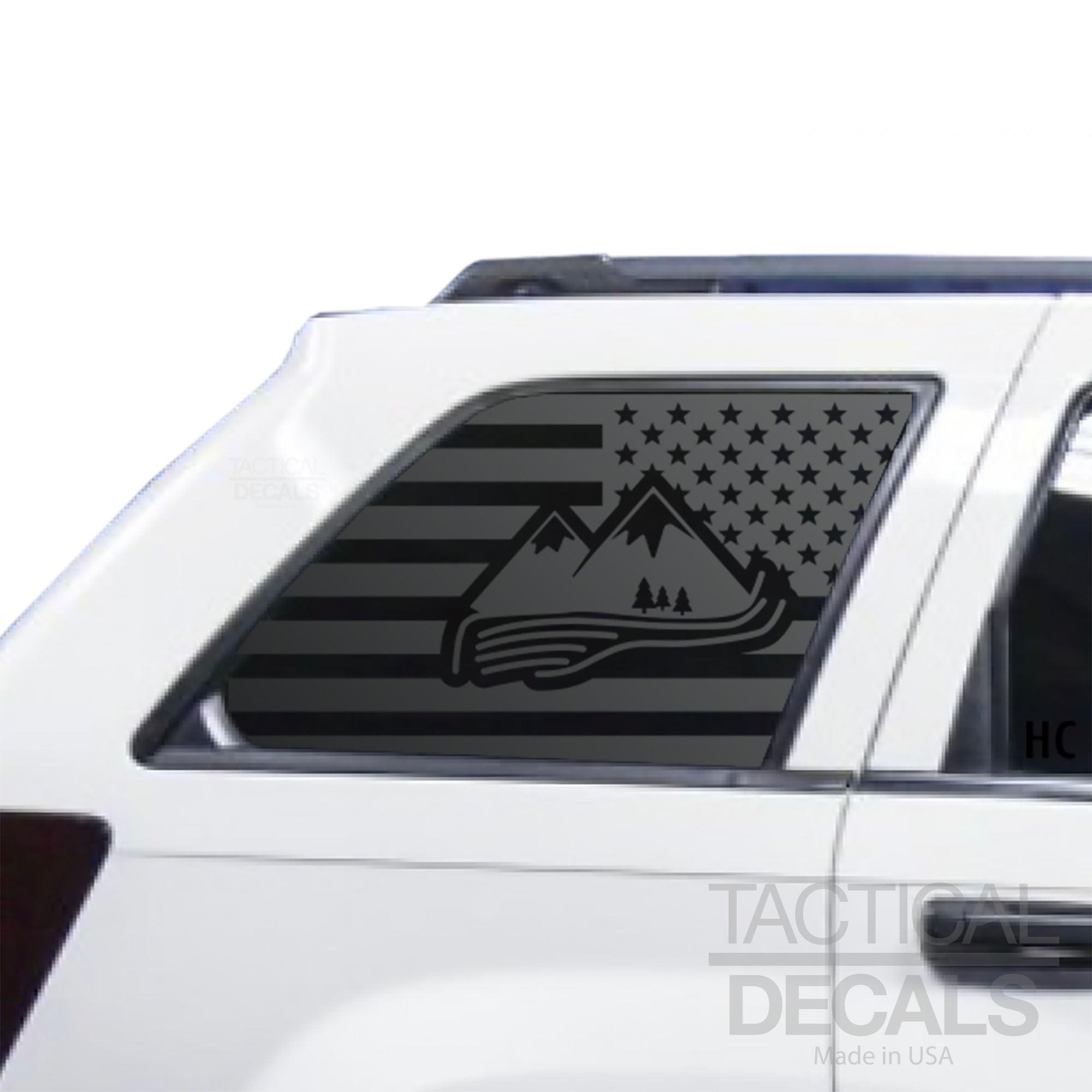 USA Flag with Mountain Scene Decal for 2005-2010 Jeep Grand Cherokee 3rd Windows - Matte Black