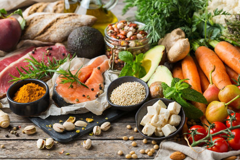 vegetables, fruits and cereals on a table