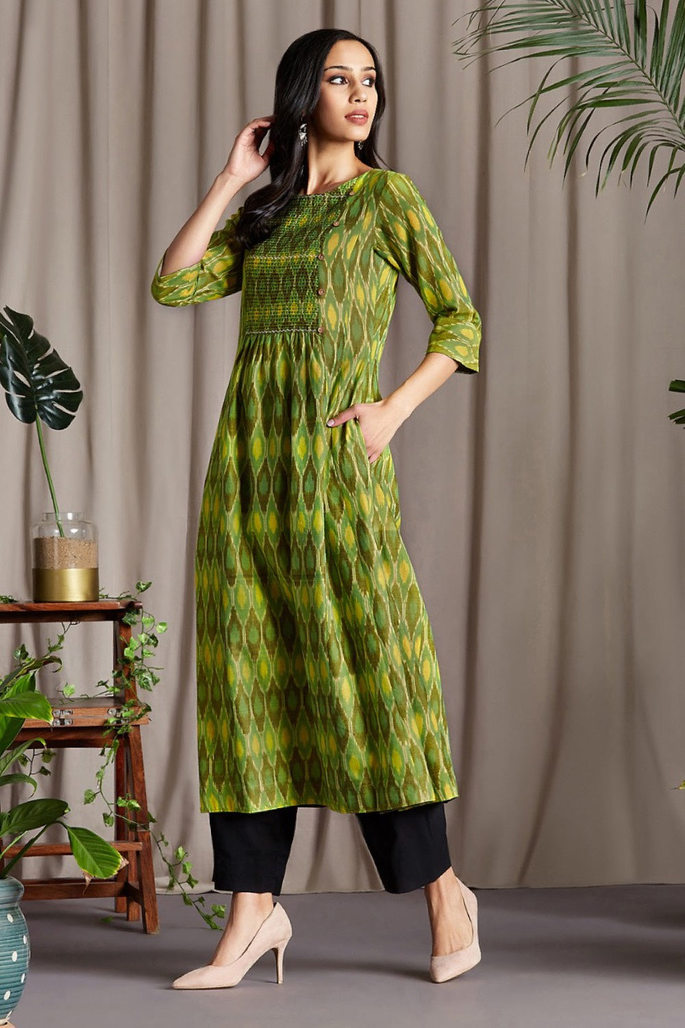 hand embroidered pintuck yoke kurta - chartreuse & bay - maati crafts