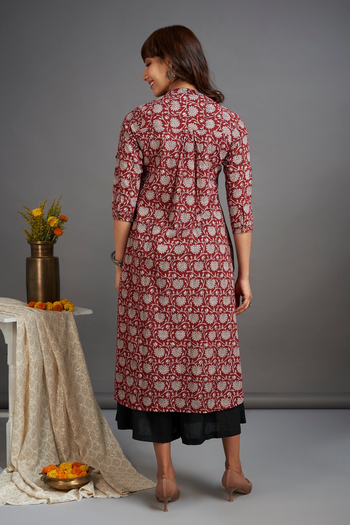 stand collar kurta with round hem - garnet glory & delicate motif ...